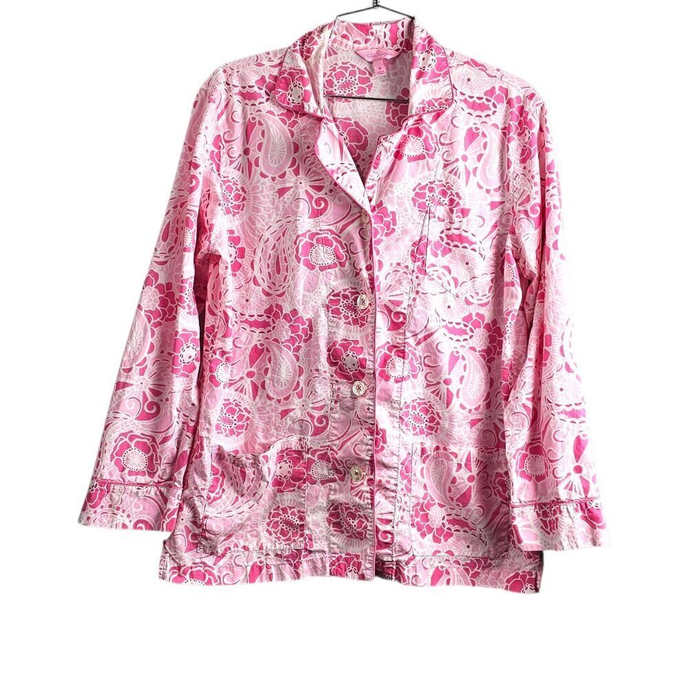 💥Lilly Pulitzer Pj Knit Long Sleeve Button-Up Pink And White Floral Top